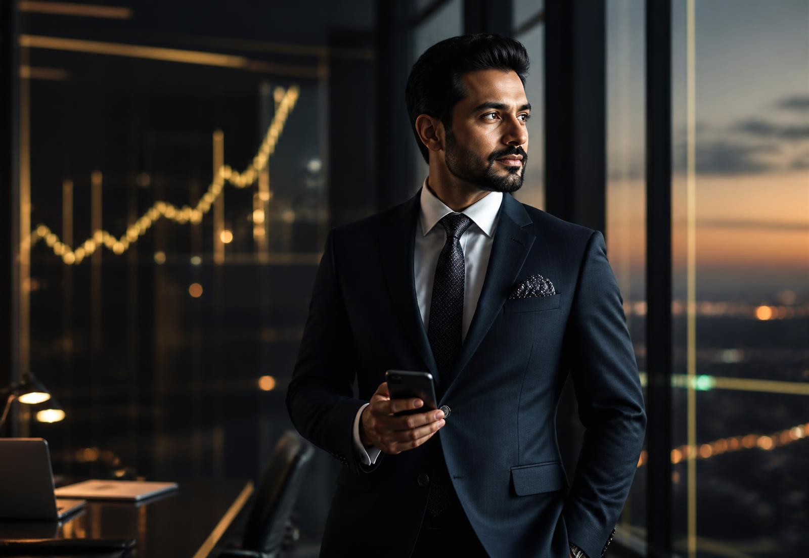 Insurance advisor in a modern glass office reviewing digital growth on a smartphone
